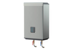steal tankless water heater against white background